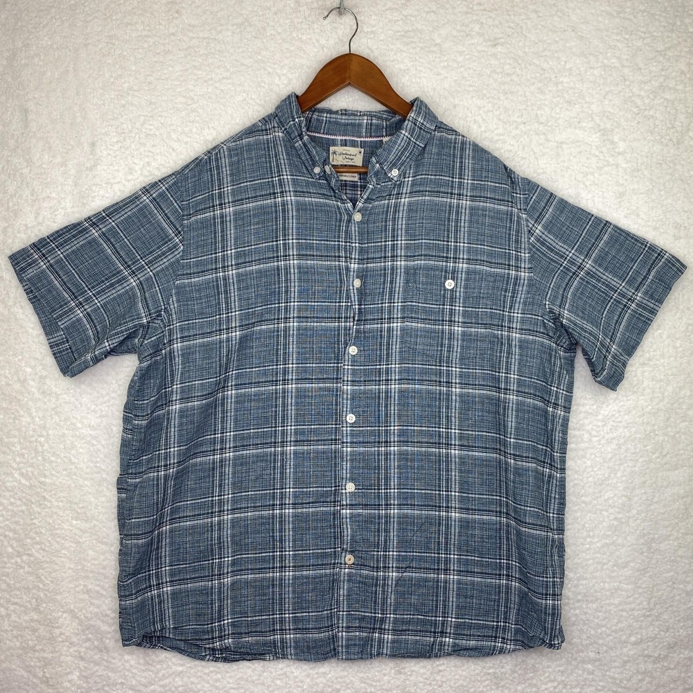 Weatherproof Vintage Shirt Mens 2XL Blue Plaid Button Up Short Sleeve Linen
